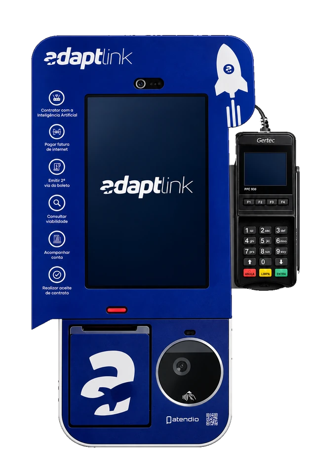 Ilustração do totem personalizado Adaptlink, com pinpad Gertec preto