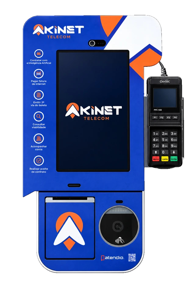 Ilustração do totem personalizado Akinet Telecom, com pinpad Gertec preto