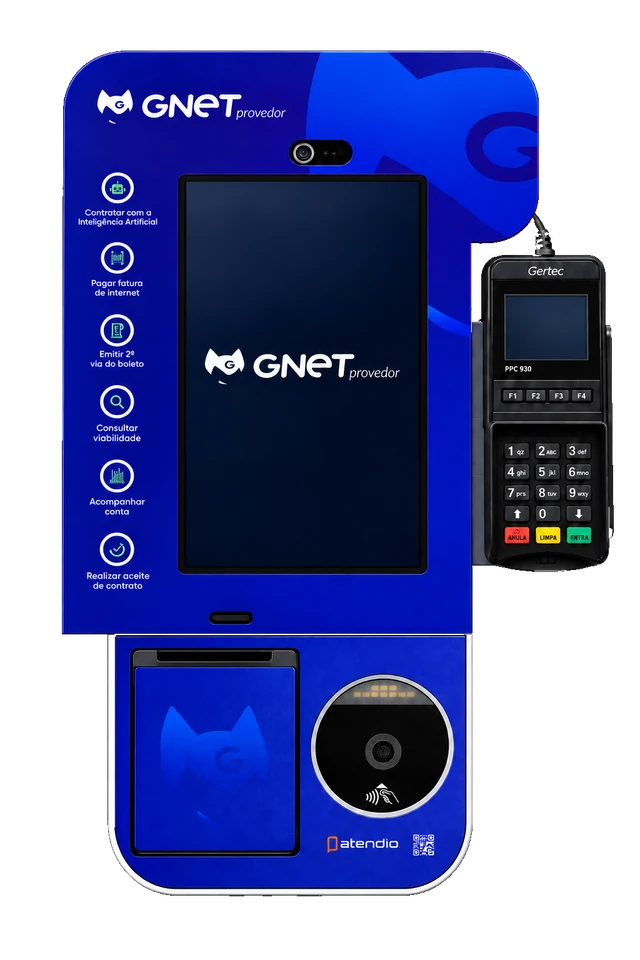 Ilustração do totem personalizado GNET, com pinpad Gertec preto