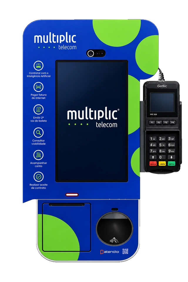 Ilustração do totem personalizado Multiplic Telecom, com pinpad Gertec preto