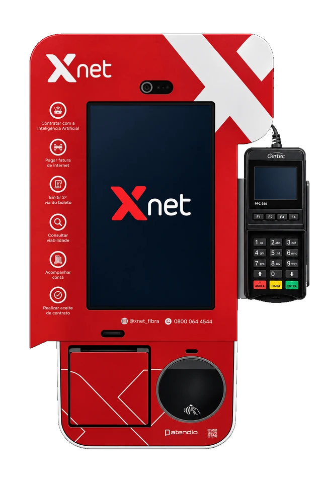 Ilustração do totem personalizado Xnet, com pinpad Gertec preto