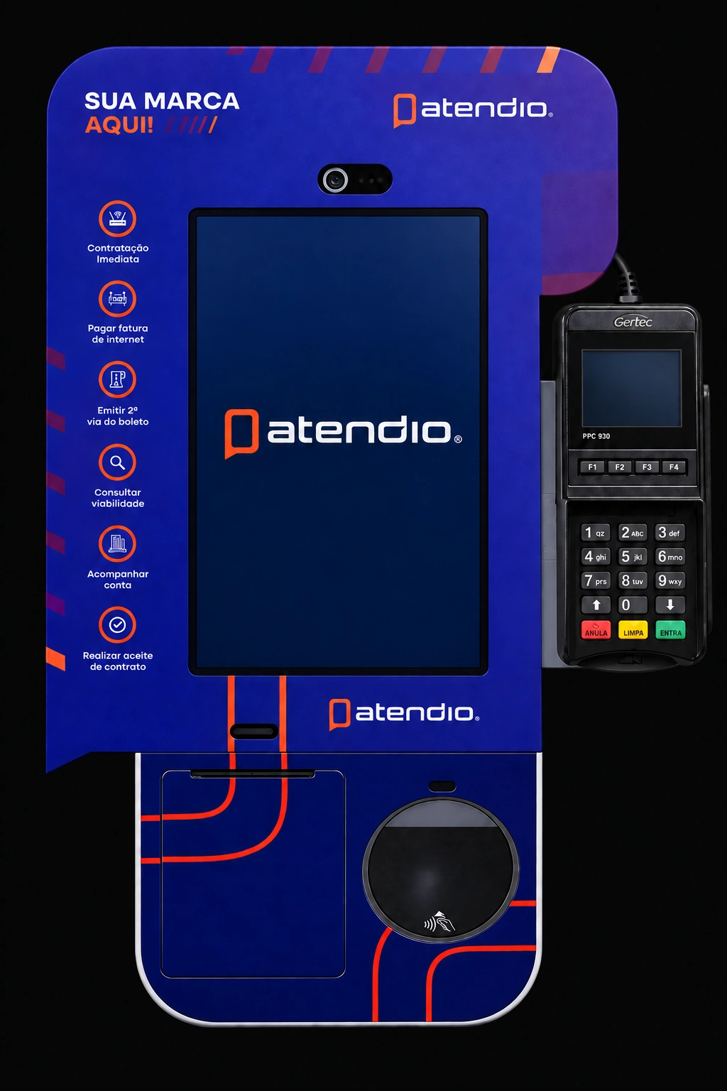 Ilustração realista do totem Atendio, com câmera, tela de autoatendimento, leitor e terminal de cartão